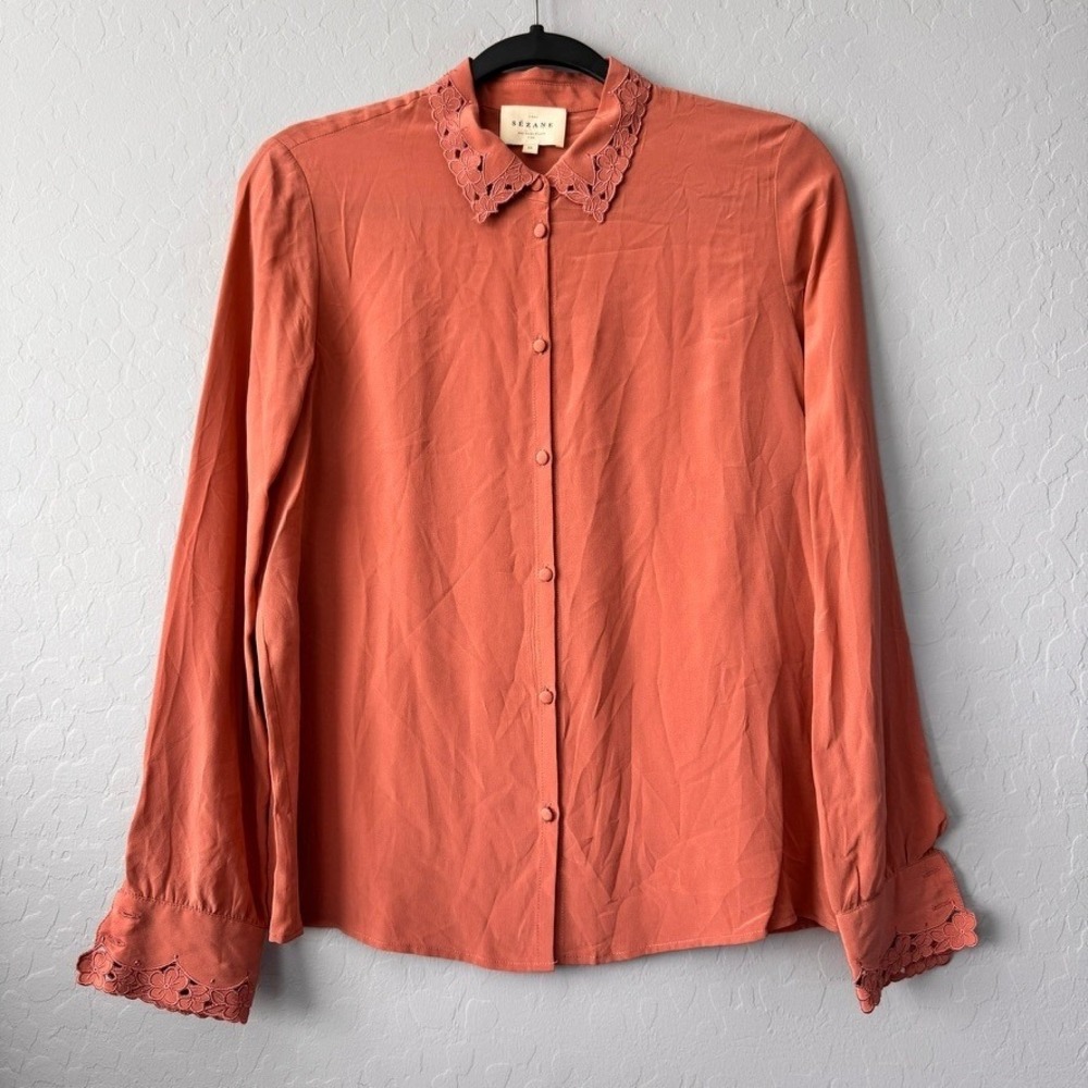 Sezane Size 36 100% Silk Blouse Coral Pink Long Sleeve Floral Embroidered Collar